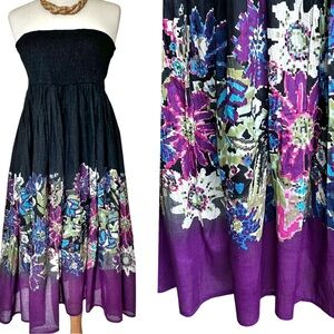 Boho Strapless Floral Maxi Dress Black Purple Smocked Bust Summer Beach Festival